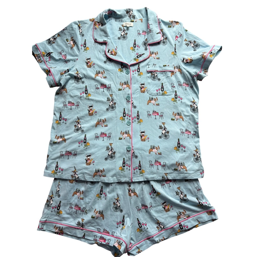 BedHead Pajamas Size XL Blue French Bulldog Wine Picnic Short Sleeve Pajama Set